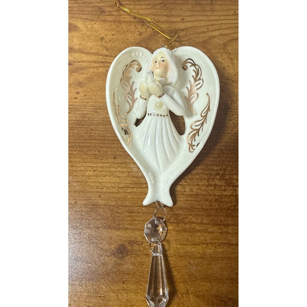 Vintage Ceramic Angel Heart Ornament with Prism Gold Accents White Dove 5.5"